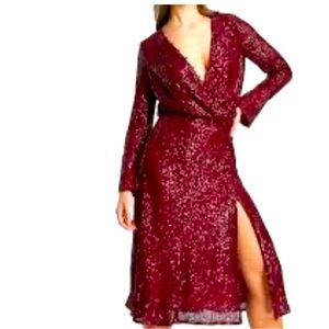 NWT ASOS Burgundy Red Sequin 3/4 Sleeve Wrap Midi Maxi Formal Cocktail Dress 22